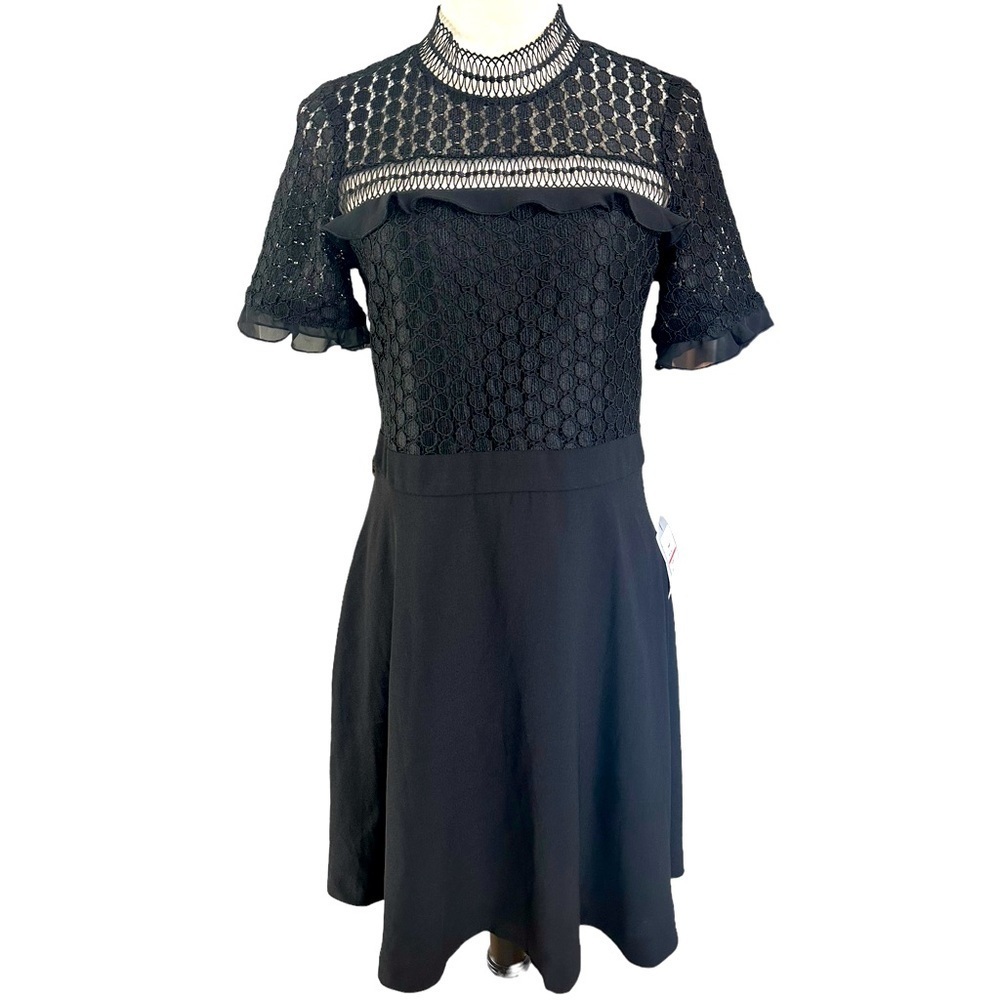 Chelsea 28 lace embroidered ruffle short sleeve little black dress